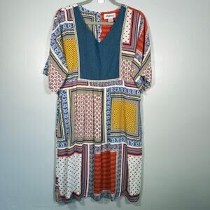 Vermont Country Store Scarf Print Patchwork Denim Dress Womens S
